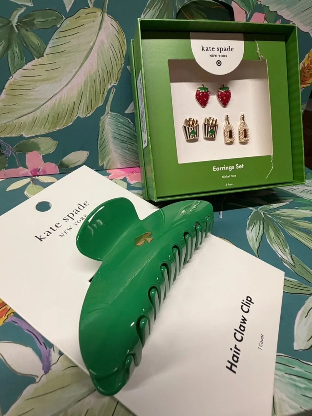 kate spade x Target green hair claw clip and 3-pair earring set NWT